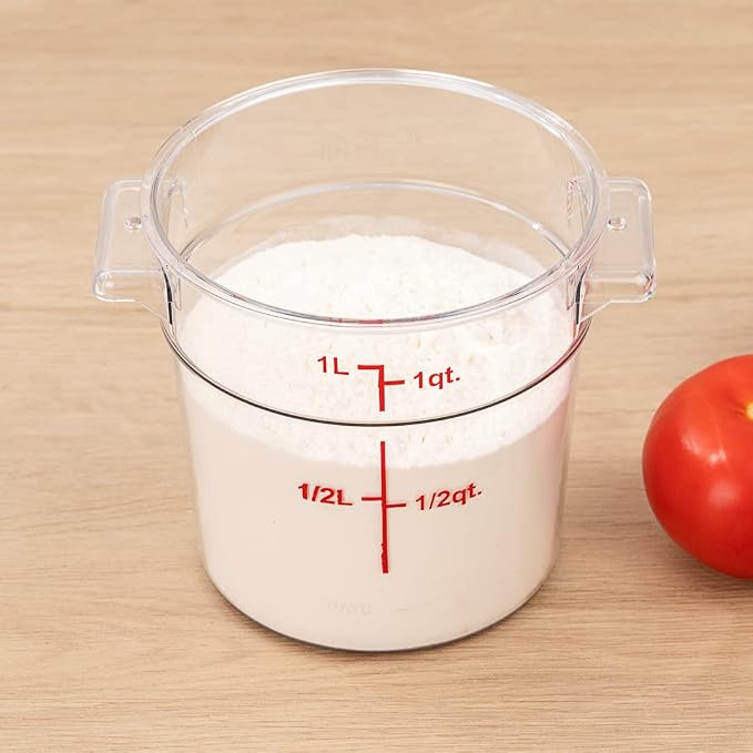 Restaurantware Met Lux 1 Quart Food Storage Container, 1 Round Commercial Storage Container - Lid Sold Separately, With Volume Markers, Clear Plastic Food Prep Bucket, Space-Saving Storage