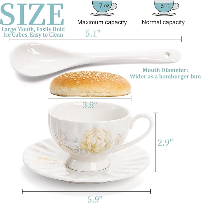 WRINGKIT Tea Cups and Saucers Set of 6, 7 Oz Floral Tea Cups, White Porcelain Tea Cup with Saucer, British Coffee Cups Sets for Women Teas Party, Cappuccino, Latte, Microwave Safe