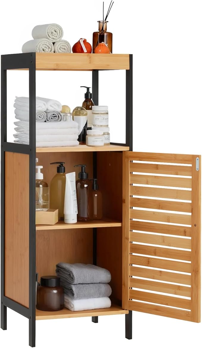 35" Bamboo Bathroom Storage Cabinet with Open Shelf, Solid 3 Tier Freestanding Floor Cabinet with Sliding Door, Waterproof Bamboo Organizer for Bathroom, Kitchen, or Entryway
