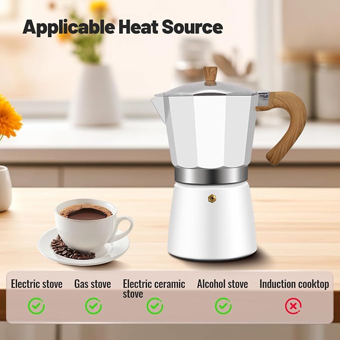 12 Cup Aluminum Moka Pot Classic Stovetop Espresso Coffee Maker 600ml 20oz Coffeemaker Percolator Mocha Express Preferred Cafe Makers for Italian and Cuban Café Brewing White