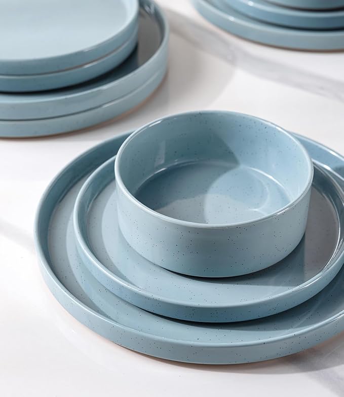 AmorArc Ceramic Dinnerware Set for 4 | Speckled Stoneware Plates and Bowls with unglazed terracotta | Scratch Resistant, Dishwasher & Microwave Safe Dishes Sets- 12-Pcs Blue
