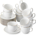 BTaT- Cappuccino Cups with Saucers 8 oz, Set of 12, White Porcelain Coffee Cup and Saucer Set for Latte with Golden Trim Design, Dishwasher Safe, Mocha, Tea, Au Lait, Flat White