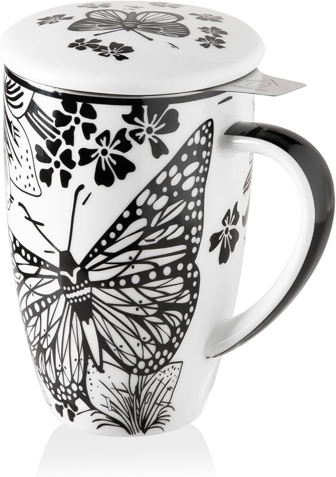 Sweejar Porcelain Tea Infuser Mug with Lid, 16 oz Teacup with Strainers for Loose Leaf Tea, Microwave and Dishwasher Safe Coffee Mug(Onyx Wing)