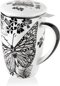 Sweejar Porcelain Tea Infuser Mug with Lid, 16 oz Teacup with Strainers for Loose Leaf Tea, Microwave and Dishwasher Safe Coffee Mug(Onyx Wing)