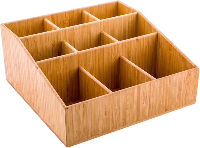 Restaurantware-11.75 x 5.5 Inch Coffee Condiment Organizer, 1 Square Creamer Organizer - 9 Compartments, Break-Resistant, Bamboo Coffee Accessory Caddy, Won't Chip, For Sugar Packets And Creamers