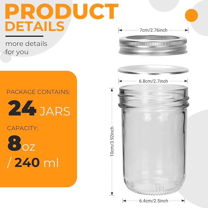 Eathtek 8 oz Mason Jars 24 Pack, Mini Canning Jars with Regular Lids | 240ml for Jelly Herbs Spice Honey Storage, Small Glass Jars Candle jars, Extra Lids Tags Label Included