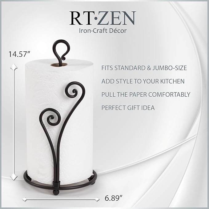 RTZEN Matte Black Paper Towel Holder Countertop - Decorative Farmhouse Paper Towel Roll Holder - Rustic Metal Modern Stand for Kitchen or Bathroom (Heart Shaped)