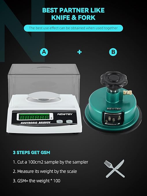 NEWTRY 100g/0.001g Electronic Fabric GSM Scale Digital Textile Weight Balance with a 0-2mm Disc Sampler Cloth Cutter for Textile Paper Non-Woven Fabrics (110V Scale+ Sampler)