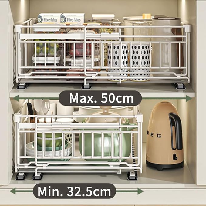 Expandable Pull Out Cabinet Organiser, No Drill Adhesive Slide Out Kitchen Drawer Shelf Durable Metal for Under Sink, Cupboard, Pantry, Adjustable Width (12.8"-19.7") (Style B Black, 2 Pack)