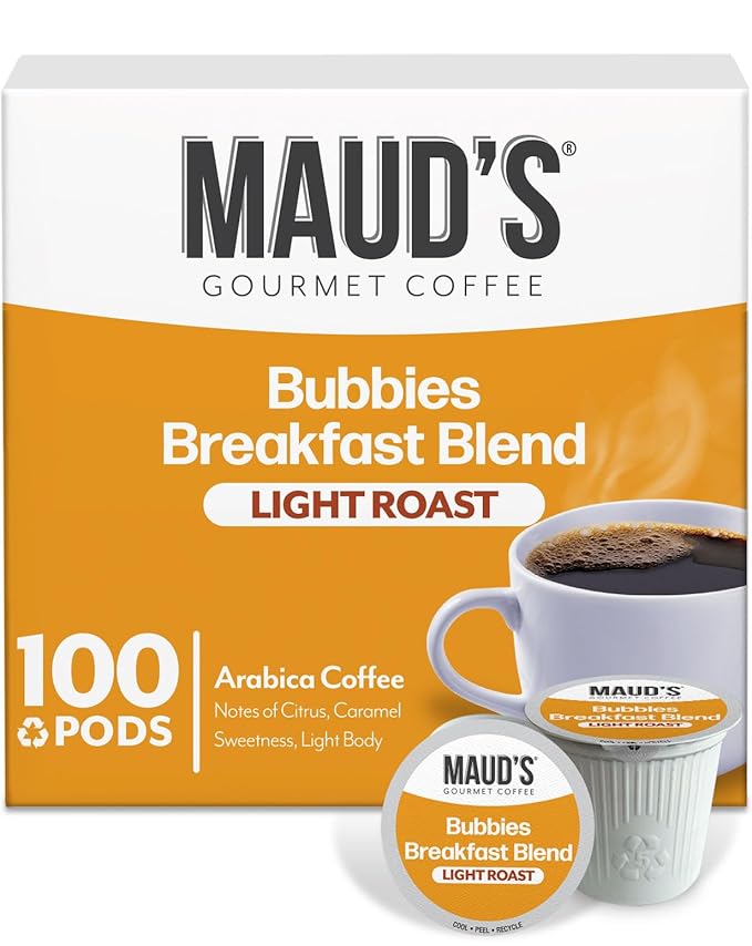 Maud's Breakfast Blend Coffee Pods, 100 ct, Light Roast Coffee in Single Serve Pods – 100% Arabica Beans, Compatible with Keurig K Cups Maker