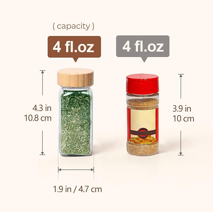 ComSaf Aesthetic Minimalist Spice Jars Set, 4 oz 24Pcs Glass Spice Containers with Labels, Bamboo Lids, 6 Extra Shaker Inserts, 93 Labels, Metal Funnel, Square Jars for Pantry Organization