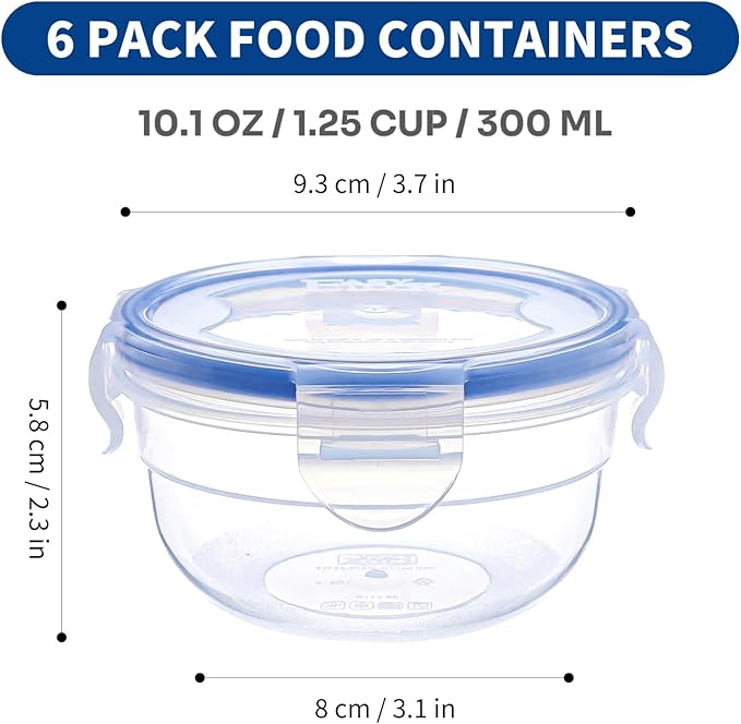 KIGI Round Food Storage Containers with Lids, Leak Proof Small Plastic Bowls for Snacks, Puree, Meal Prep and Lunch, Freezer Safe, 4-Sided Locking Lid, BPA-Free,10 oz / 1.25 Cup,12 Piece Set