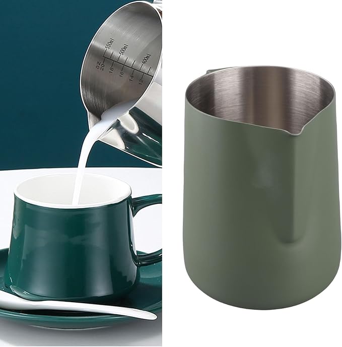 Milk Frothing Jug, 304 Stainless Steel Steaming Pitcher Latte Art Frothing Cup with Inner Scale for Making Coffee Cappuccino (Dark Green)