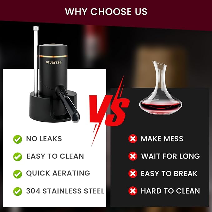 BLUBYEES 3-in-1 Electric Wine Aerator & Decanter Set with Stand Base - Automatic Pump Dispenser, Retractable Tube, and Built-in Pourer, Ideal Gift for Wine Lovers