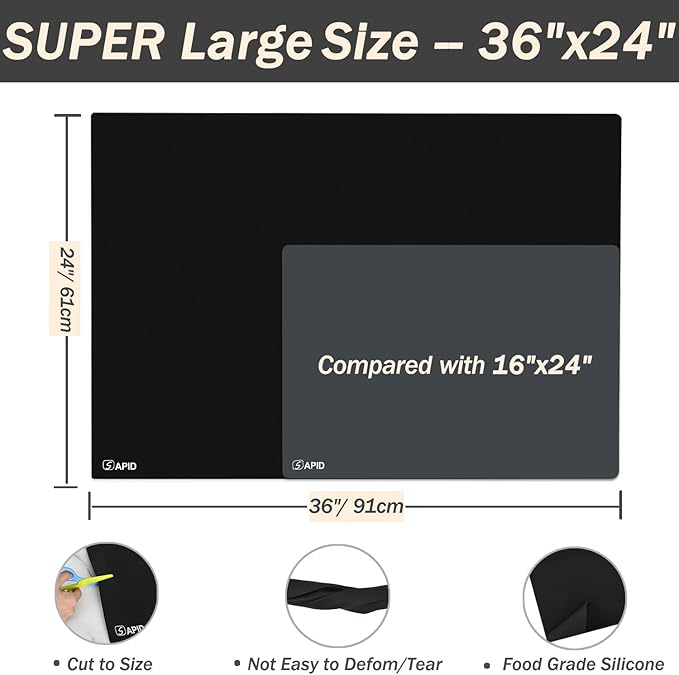 Extra Large Silicone Mat 36" x 24" Place Mats, Heat Resistant Mat for Kitchen Countertop Protector, Thick Placemats Washable Silicone Mats for Kitchen Counter Mat Dining Table Mat, Black, Sapid