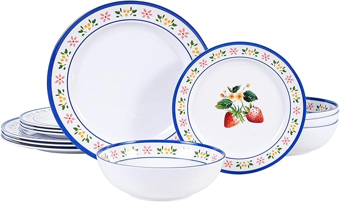 12-Piece Melamine Dinnerware Set - Unbreakable Dish Set， Indoor and Outdoor Plates and Bowls Sets for Perfect for Picnics, Camping, RV, and Beach Parties， Service for 4（Strawberry）