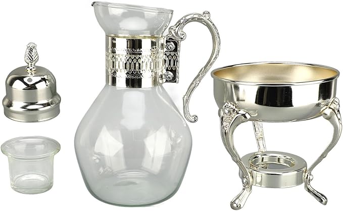 Glass Tea Pot with Warmer, 50 oz Vintage Espresso Kettle Heated Glass Coffee Pot with Handle, Heat Resistant Turkish Coffee Pitcher Teapot for Home Office Cafe Use (Silver)