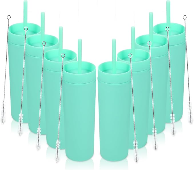 Volhoply 16oz Plastic Skinny Tumbler with Lid and Straw Bulk 8 Pack,Insulated Double Wall BPA Free Matte Acrylic Tumblers,Iced Coffee Travel Mug Reusable Party Cup,Customizable Diy Gifts(Green,8 Set)