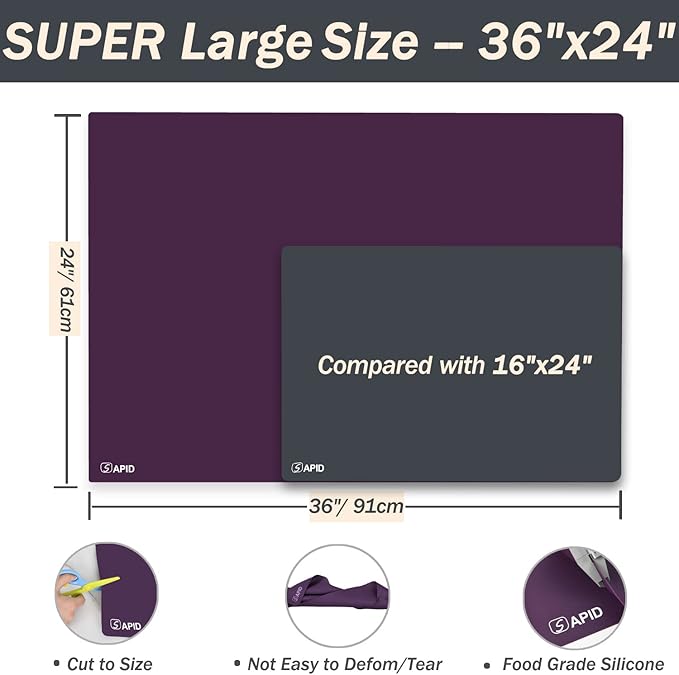 Extra Large Silicone Mat 36" x 24" Place Mats, Heat Resistant Mat for Kitchen Countertop Protector, Thick Placemats Washable Silicone Mats for Kitchen Counter Mat Dining Table Mat, Purple, Sapid