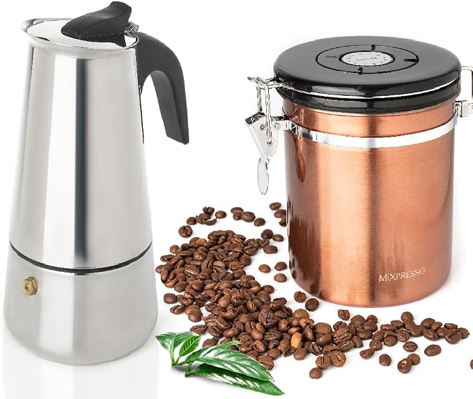 Mixpresso Bronze Stainless Steel Airtight Coffee Container with Date Tracker For Coffee & Tea, Vacuum Sealed Airtight Container, Coffee Jar 16 Ounces, Bundle With6 Cup Greca Stovetop Espresso Maker 30