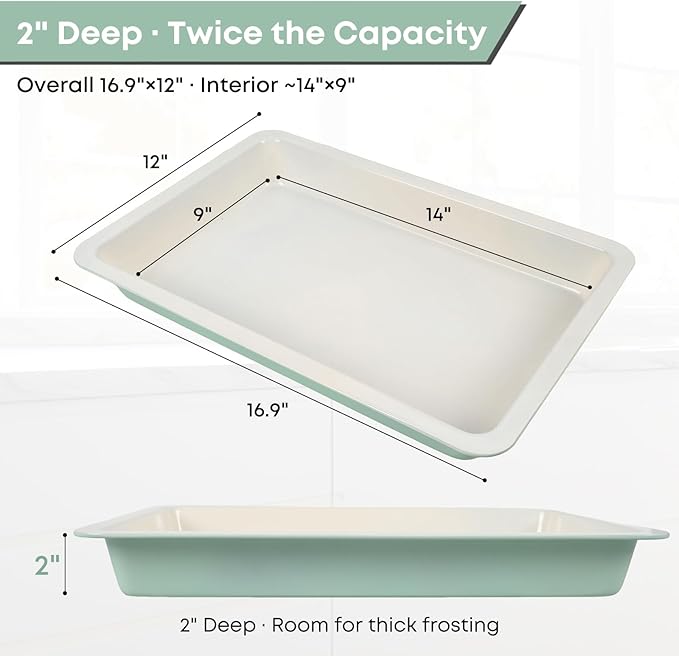 Jelly Roll Pan with Lid, 16.9"x12" Nonstick Sheet Cake Pan, 2" Deep, Snap-Lock Lid for Potluck, PFOA-Free, Oven Safe 450°F, Mint Green