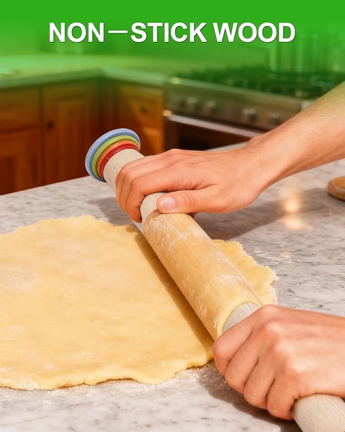 16.7" Rolling Pin with Thickness Rings for Cookies, Dough, Pizza & Pastries, Roller Rod for Dough Thickness, Adjustable Wooden Rolling Pin with 4 Thickness Rings,1PCS