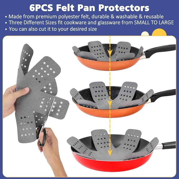 BYKITCHEN 3PCS Silicone Pan Protectors with 6PCS Felt Pan Pot Separators Dividers Pads for Stacking and Protecting Your Cookware, Compatible with Hexclad Cookware Set, Tfal Nonstick Frying Pans &More