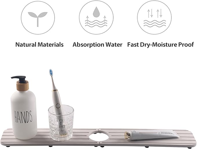 NiuYichee 23.6inch x 4inch Kitchen Sink Faucet Mat, Water Absorbing Stone Faucet Splash Guard for Bathroom Counter, Quick Drying Diatomite Tray for Kitchen Sink, Light Gray