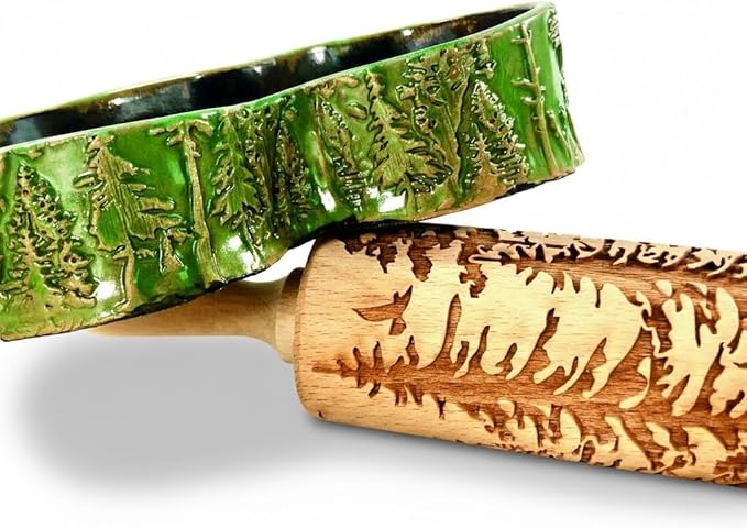 FOREST embossing rolling pin. Engraved wooden embossed dough roller for embossed cookies or clay by Algis Crafts