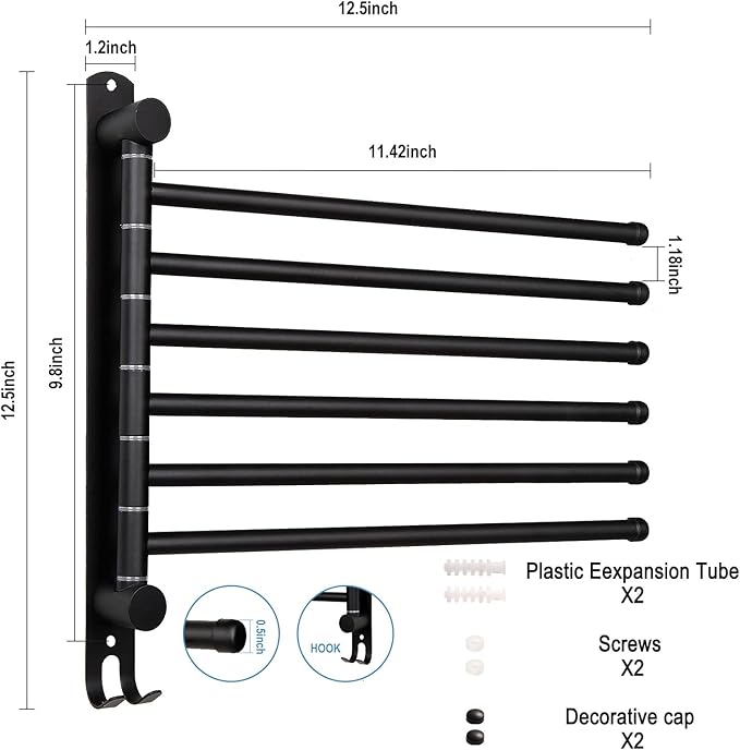 6-Arm Swivel Towel Rack - 180° Rotating Wall Mounted - 304 Stainless Steel Rustproof - Heavy Duty Space Saving for Bathroom Kitchen Laundry Room (Matte Black)