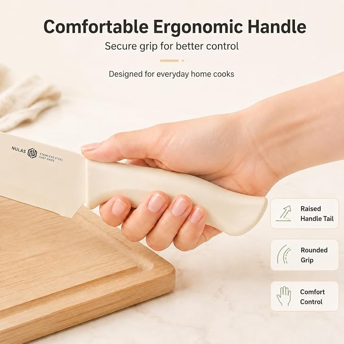 17-Piece Kitchen Knife Set with Block and Built-in Sharpener, High-carbon German Stainless Steel, Non-stick Anti-rust Coatings, Ergonomic Handles, Cream