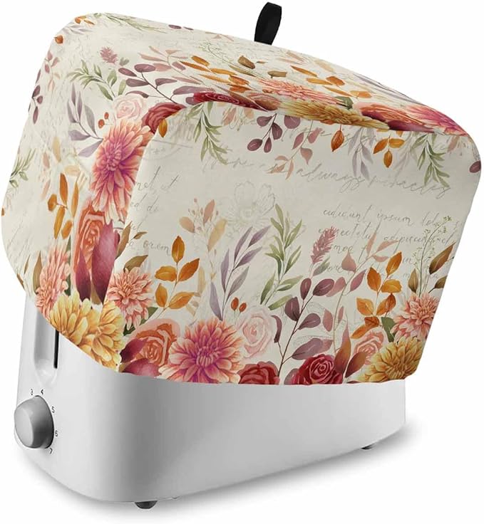 Red Orange Floral Fall Toaster Cover 2 Slice, Thanksgiving Eucalyptus Leaves Dustproof Bakeware Oven Protector with Top Hook, Rustic Waterproof Small Kitchen Appliance Toasters Dust Cover, 12"x7.5"x8"
