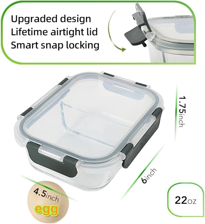 Meal Prep Containers - 2 Compartments with Glass Bowls with Lids, Food Storage Containers Dividers Airtight Lunch Containers, Bento Box for Oven Freezer, 10 Pack