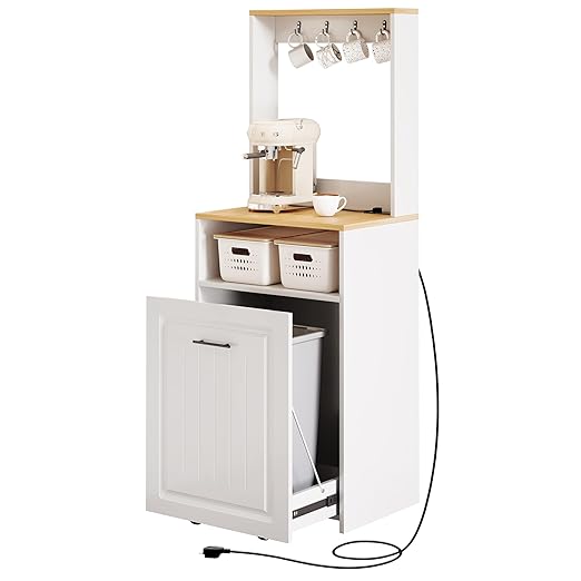 ZIFTY 10 Gallon Pull Out Trash Can Cabinet with Charging Station, Pet Proof Freestanding Kitchen Trash Bin Cabinet with Hooks, Coffee Bar, Wooden Garbage Recycling for Kitchen, Living Room