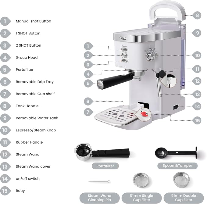 Gevi Professional Espresso Machine 20 Bar, Compact Latte & Cappuccino Machine with Milk Frother Steam Wand, Adjustable Shot Volume, White (Ideal Gift Choice)