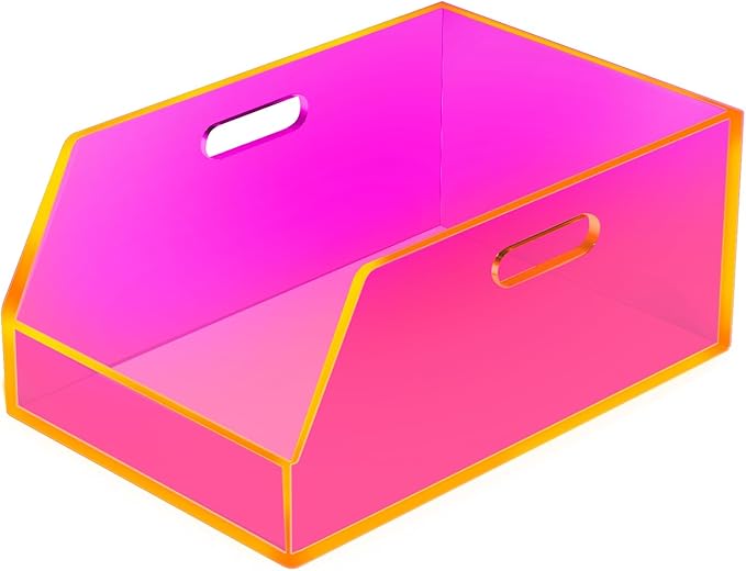 Gelite Stackable Storage Bins Open Front Organizer Bins with Handles Acrylic Storage Container for Pantry Kitchen Cabinet Bathroom Closet Office Organization, 15.4x11.4x6.7'', Neon Pink