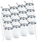 COMOOO 12oz Wine Tumbler with Lid and Straw, Stainless Steel Stemlss Wine Glass, Double Wall Vacuum Insulated Wine Tumbler Cup for Wine, Cocktails, Champaign, White, 16 Pack