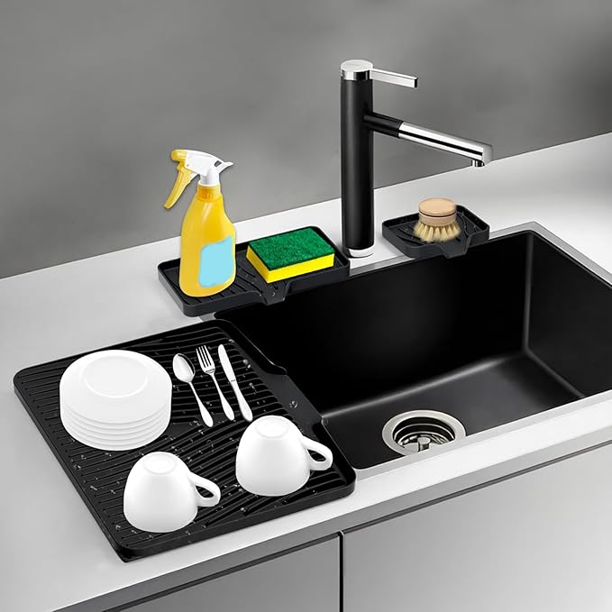 Silicone Dish Drying Mat for Kitchen Counter, Dish Drying Pad, Non-Slip Drain Pad with Built-in Drain, Heat Resistant Stone Drying Mat