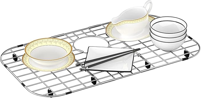 SANNO Over The Sink Expandable Dish Drying Rack, Dish Drainer Kitchen Sink Grate Stainless Steel Sink Protector