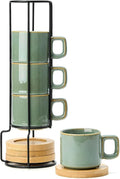 LUKA Porcelain Stackable Espresso Cups with Saucers and Metal Stand, 4 Ounce Small Ceramic Demitasse Cups Set for Latte, Specialty Coffee Drinks, Cafe Mocha,Tea - Set of 4, Wild Sage Earth