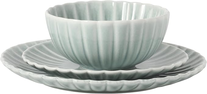 Gibson Elite Peach Orchard 12-Piece New Bone China Dinnerware Set Service for 4, Embossed Fluted Plates and Bowls, Dishwasher and Microwave Safe, Aqua Blue