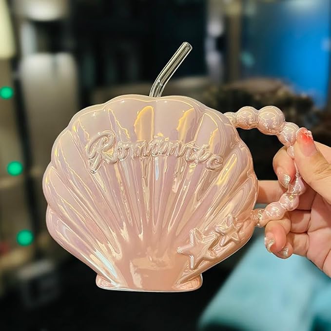 Pearl Shell Ceramic Coffee Mug with Coaster Set for Tea Latte Milk Cute Cup with Saucer for Home Office Women Gift 6.5 oz (Shell with Straw Pink, 450 ml)