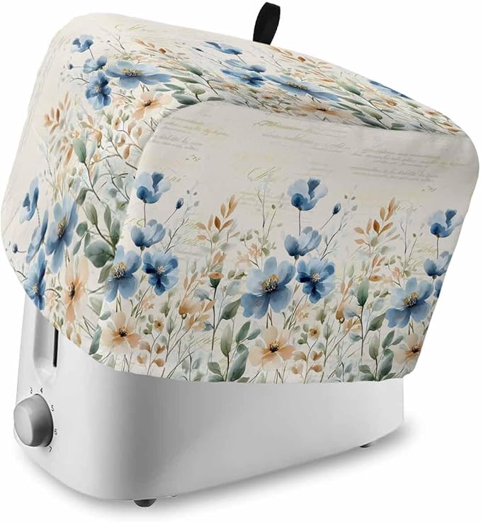Blue Flowers Rustic Toaster Cover 2 Slice, Spring Vintage Botanical Dustproof Bakeware Oven Protector with Top Hook, Floral Beige Waterproof Small Kitchen Appliance Toasters Dust Cover, 12"x7.5"x8"