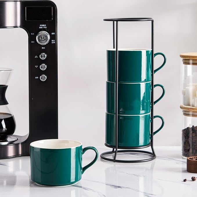 10oz Porcelain Stackable Coffee Mugs and Metal Stand Set of 4, Espresso Cups Set for Hot Drinks, Cappuccino, Tea-Green