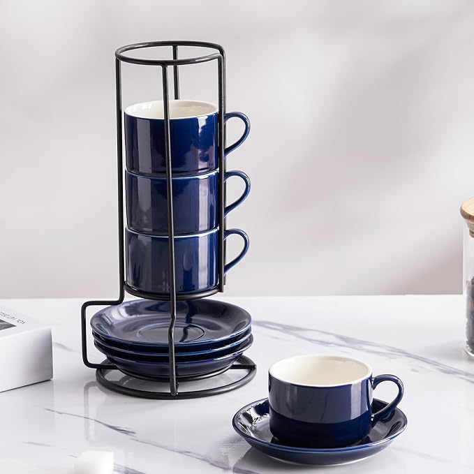 Espresso Cups Set of 4, 4oz Stackable Coffee Cups with Saucers and Metal Stand, Blue Demitasse Cups, Expresso Shots Cup Set