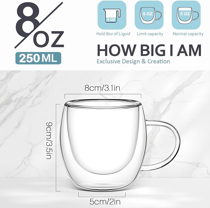 Didaey 16 Pack 8 oz Glass Coffee Mugs Clear Insulated Glass Espresso Coffee Cups with Handle Cafe Mugs Set Borosilicate Glassware Cups for Tea Latte Hot Iced Beverages
