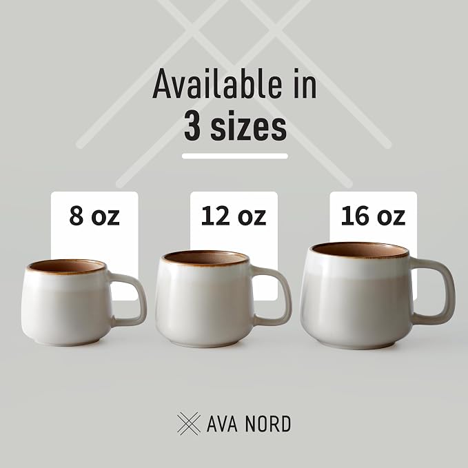 Ava Nord Ceramic Coffee Mugs Set of 4 | 12 oz Stoneware Coffee Cups | Lead-Free, Non-Toxic | Microwave and Dishwasher Safe | Comfortable Handle | Aesthetic Nordic Design for Tea and Latte | Sage Ash