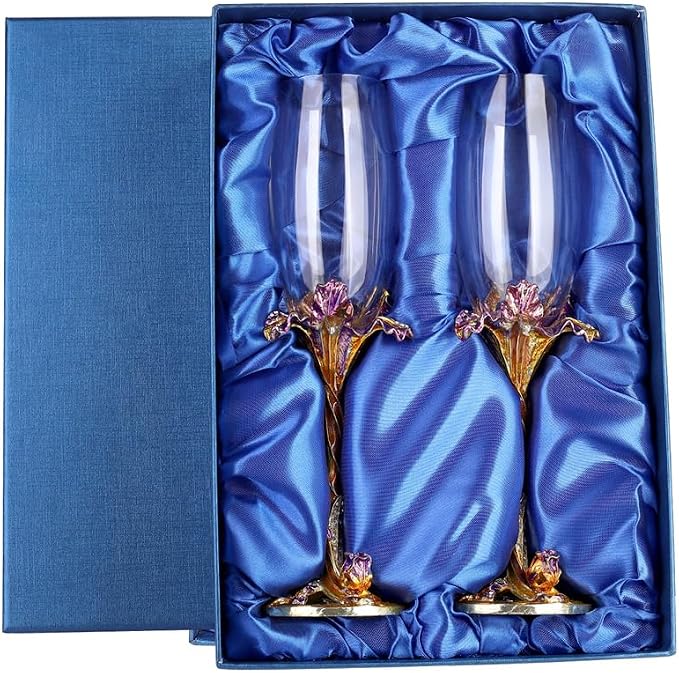 SUQ I OME Enamel Wine Crystal Champagne Flutes Glasses Set of 2, Decorative Enamel Champagne Glasses, Gifts for Brides and Grooms, Wedding, Valentine, Anniversary, Birthday