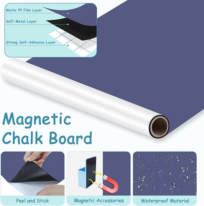 Dusty Blue Magnetic Chalkboard for Wall - 39.3”x17.5” Peel and Stick Magnetic Blackboard with Bonus Magnet Letters & Starter Accessories Arch Wall Decal for Classroom Kids Playroom Coffee Shop