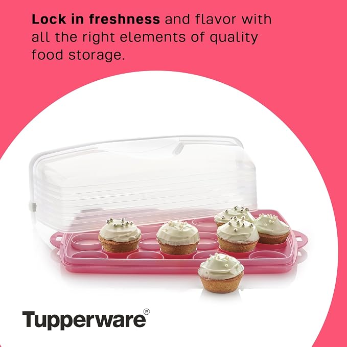 Tupperware, Rectangular Cake and Cupcake Carrier in Pink, Holds 18 Cupcakes